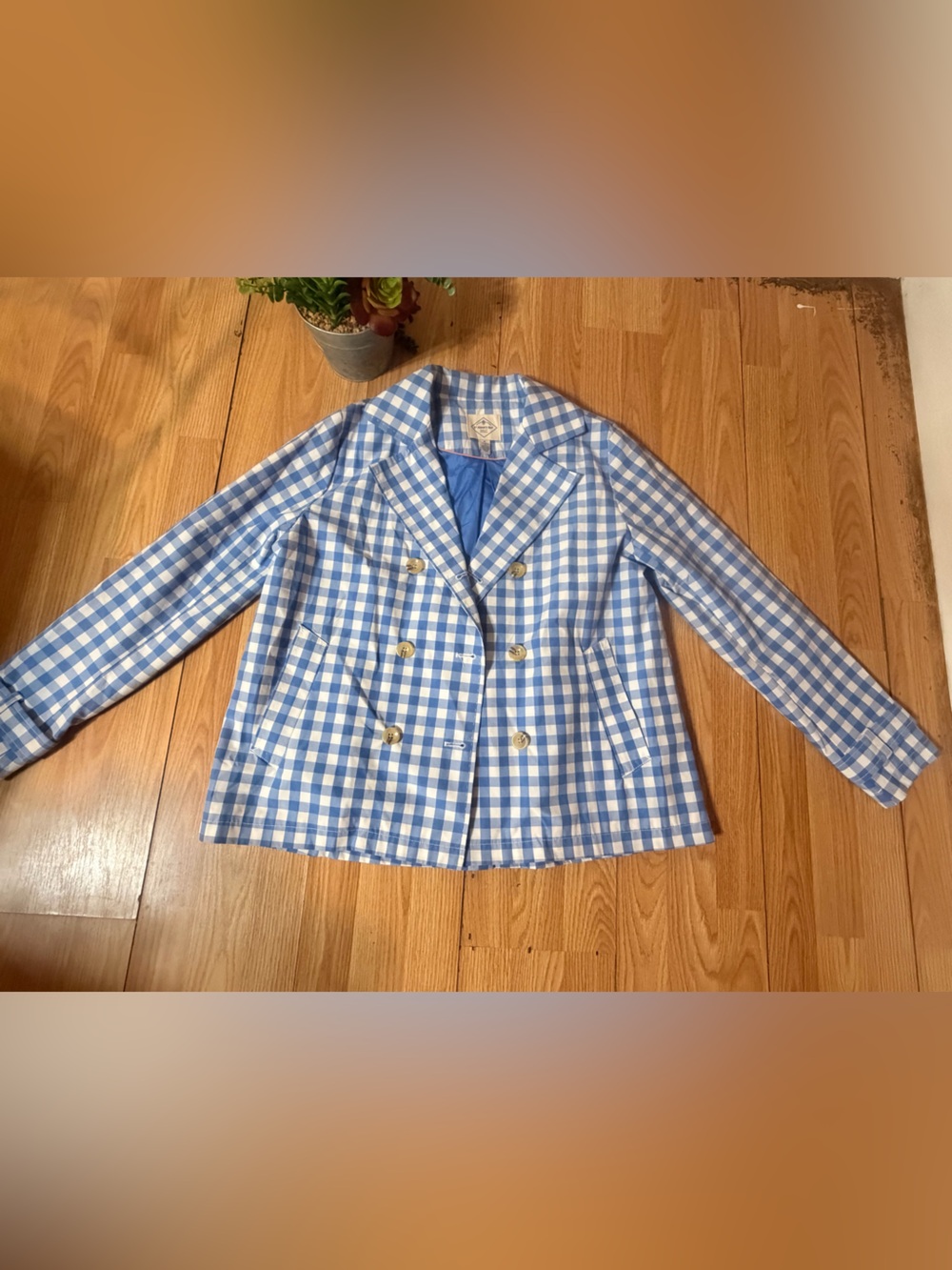 St. John's Bay blue and white gingham double-breasted jacket with side pockets M